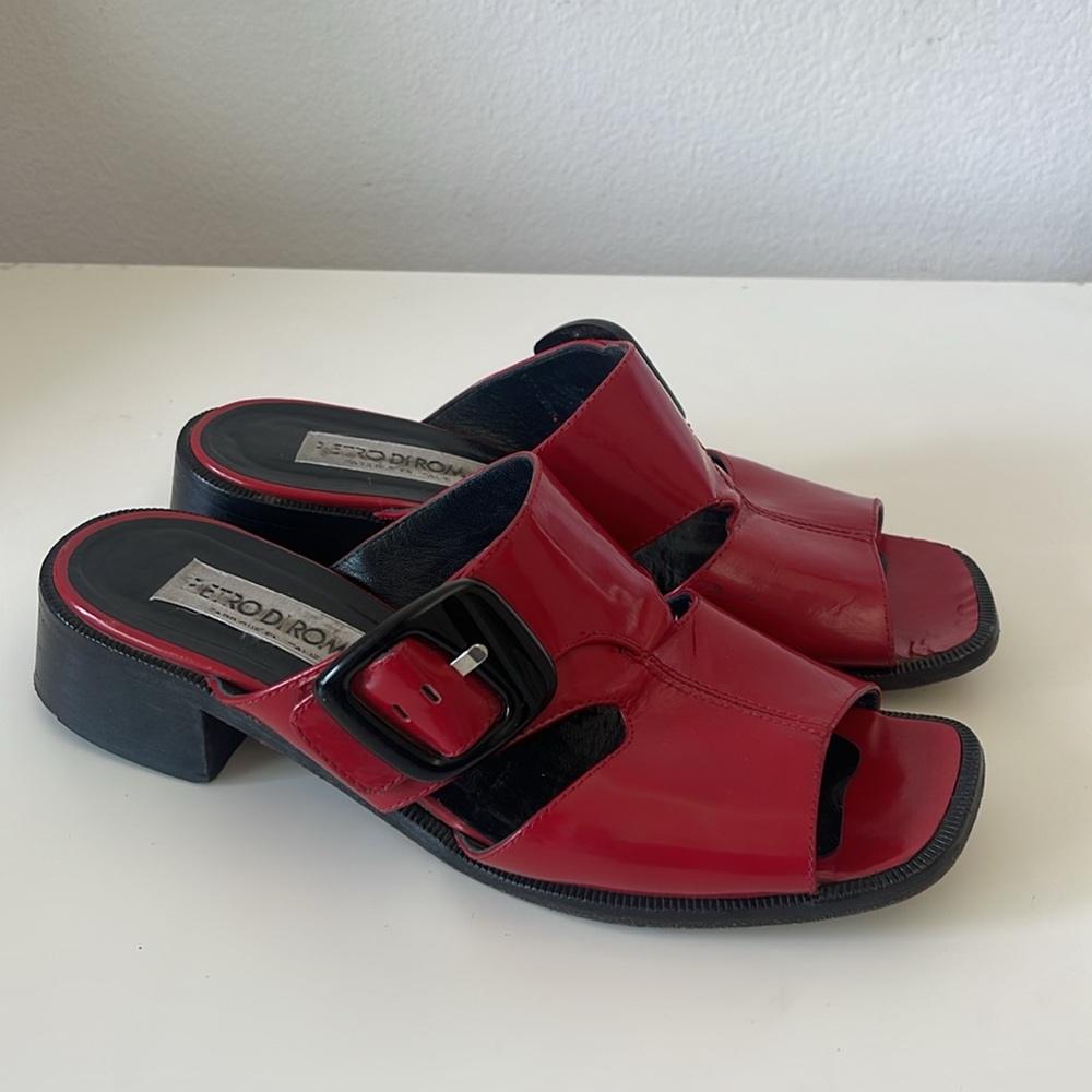 Vintage cut out red leather kitten heel sandals Fun Unique Interesting
